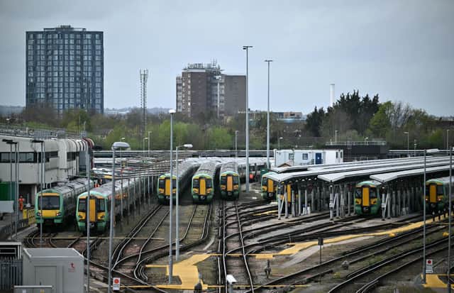 Southern Rail trains in sidings at the Selhurst railway depot. 