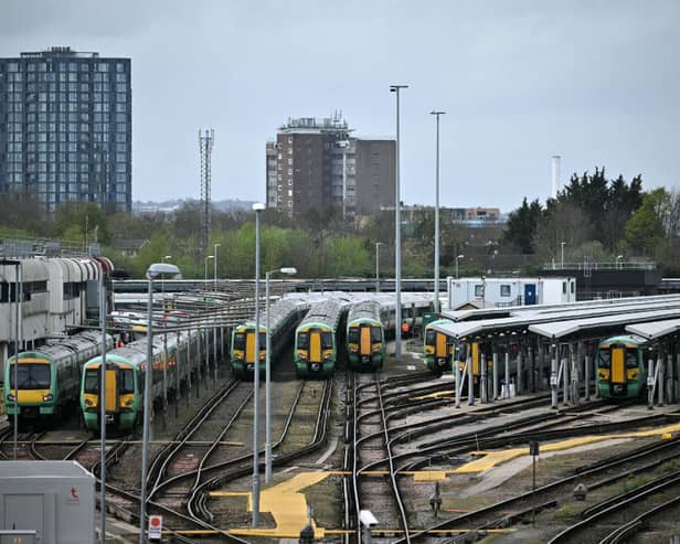 Southern Rail trains in sidings at the Selhurst railway depot. 