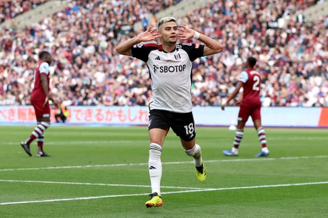 Andreas Pereira celebrates the second of his two goals against West Ham