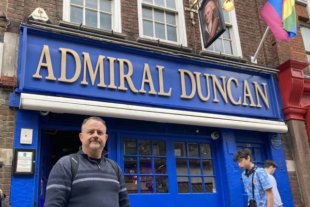 Mark Healey outside the Admiral Duncan in 2024. Mark runs the charity 17-24-30 National Hate Crime Awareness Week.