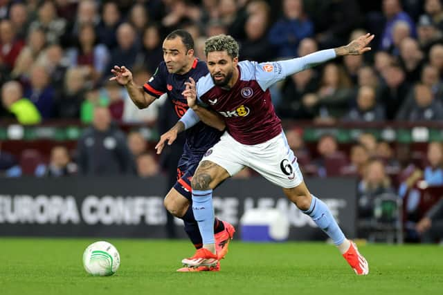 Douglas Luiz in action for Aston Villa during UEFA Europa Conference League in April 2024