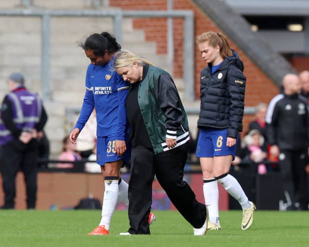 Emma Hayes comforts Mayra Ramirez after FA Cup semi-final defeat