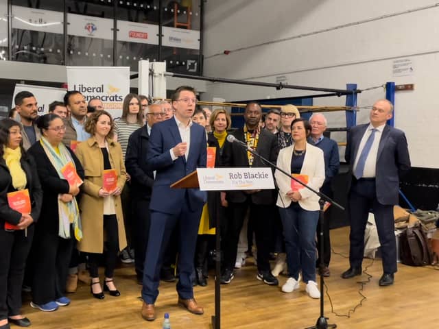 Lib Dem mayoral candidate Rob Blackie speaking at the launch of his manifesto.