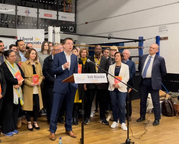 Lib Dem mayoral candidate Rob Blackie speaking at the launch of his manifesto.