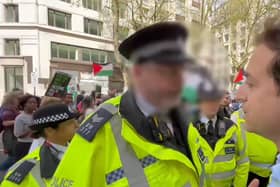 Video footage shows a Met Police officer in an exchange with  Gideon Falter, chief executive of the Campaign Against Antisemitism, next to a pro-Palestinian march.