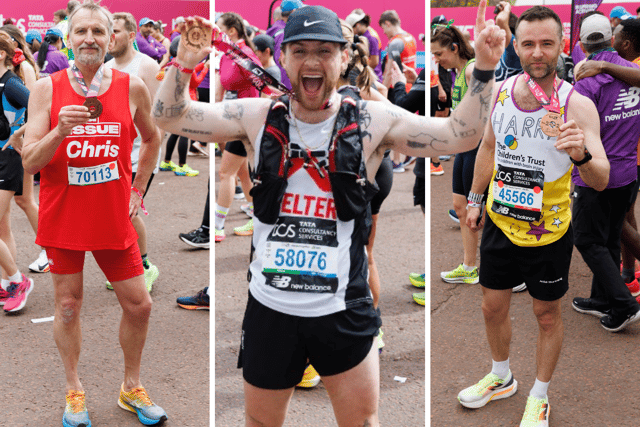 Doctor Who actor Christopher Eccleston, singer Tom Grennan and McFly Drummer Harry Judd posing with their London Marathon 2024 medals. (Photo credit: Getty Images)