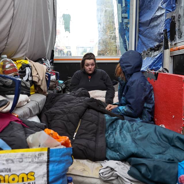 Destiny Mitchell, 26, is homeless and has turned a bus stop into a temporary home on the Bristol Road, Selly Oak, Birmingham.