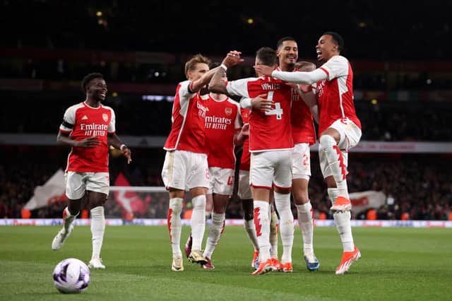 Arsenal celebrate Ben White's first goal vs Chelsea