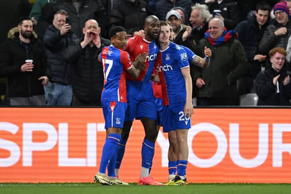 Palace celebrate with Jean-Philippe Mateta who scored both the Eagles' goals. 