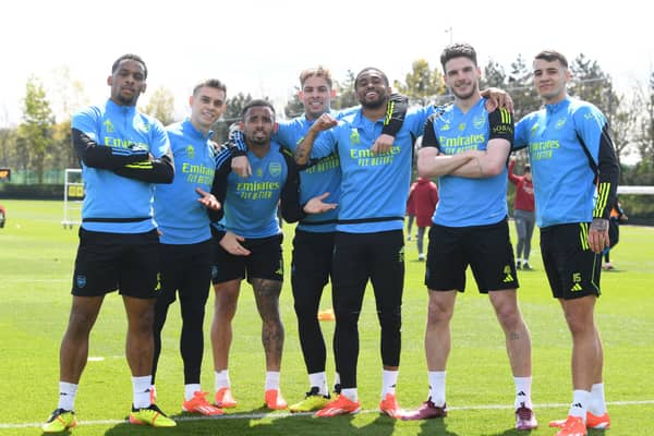 Jurrien Timber, Leandro Trossard, Gabriel Jesus, Emile Smith Rowe, Reiss Nelson, Declan Rice and Jakub Kiwior of Arsenal during a training session