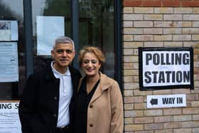 London Mayor Sadiq Khan and his wife Saadiya arrived with their dog Luna to vote on May 2.