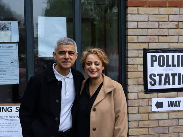 London Mayor Sadiq Khan and his wife Saadiya arrived with their dog Luna to vote on May 2.