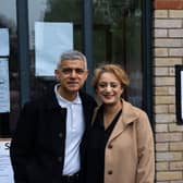 London Mayor Sadiq Khan and his wife Saadiya arrived with their dog Luna to vote on May 2.