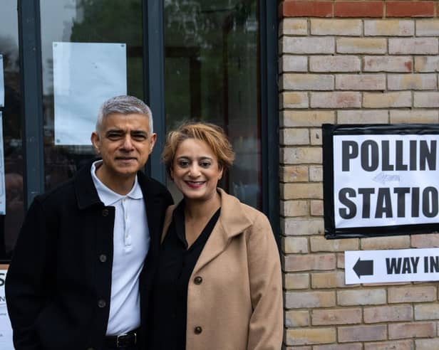 London Mayor Sadiq Khan and his wife Saadiya arrived with their dog Luna to vote on May 2.