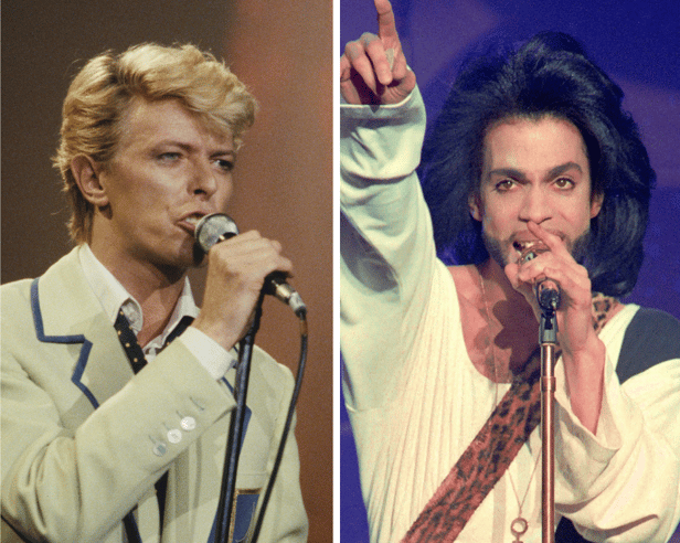 David Bowie in 1983 and Prince in 1990.