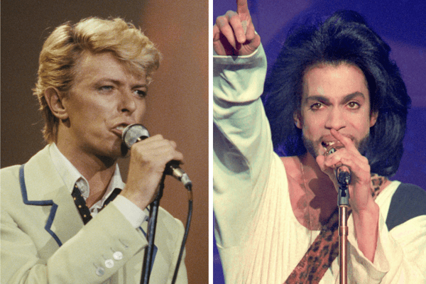 David Bowie in 1983 and Prince in 1990.