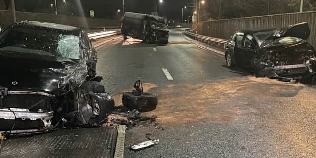Scene of three-vehicle crash caused by drink and drug driver.