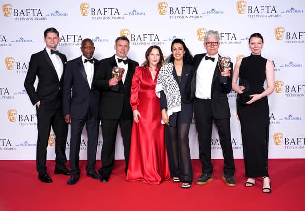 Charles Steel, Gerry Jackson, Alasdair Flind, Tina Pawlik, Myriam Raja and Alice Pearse in the press room after winning the Drama Series award for Top Boy at the BAFTA TV Awards 2024, at the Royal Festival Hall in London. Ian West/PA Wire