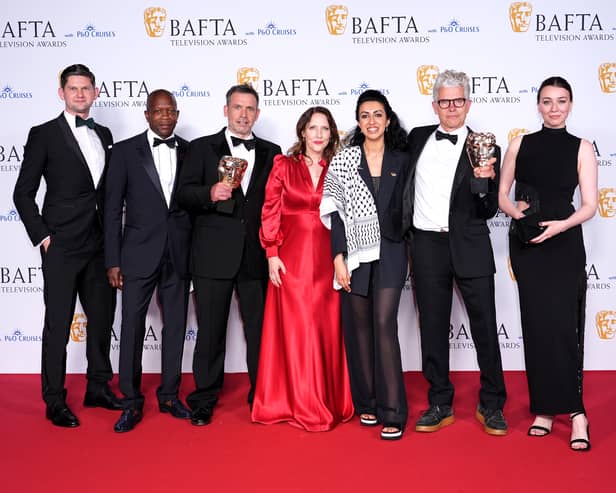 Charles Steel, Gerry Jackson, Alasdair Flind, Tina Pawlik, Myriam Raja and Alice Pearse in the press room after winning the Drama Series award for Top Boy at the BAFTA TV Awards 2024, at the Royal Festival Hall in London. Ian West/PA Wire