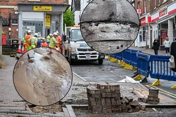 Pavements were torn up and parts of the road surface was washed away after over 40mm of rain fell in just an hour, in Ross-on-Wye, Herefordshire.