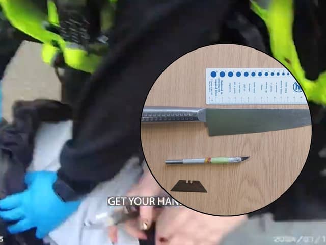 Watch the moment police officers armed with tasers tackle a man with a knife and two blades.
