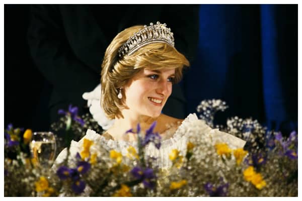 Diana, Princess of Wales, attended a banquet at the at the Hotel Nova Scotia on 15 June 1983 in Nova Scotia, Canada She wore acream satin dress by Gina Fratini and weari
 the Queen Mary Tiara.
