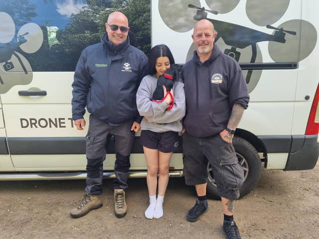 Alannah and Mila with the team from Drone To Home who used their drones to help find her. 