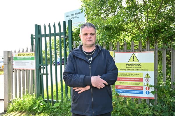 Protestor Simmo Burgess outside Walley's Quarry Landfill Site.
