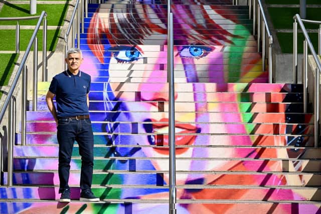 Sadiq Khan standing on the 'Swiftie steps' at Wembley Park