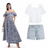 Abercrombie and Fitch matching skirt and top, and M&S broderie top with Very scalloped shorts