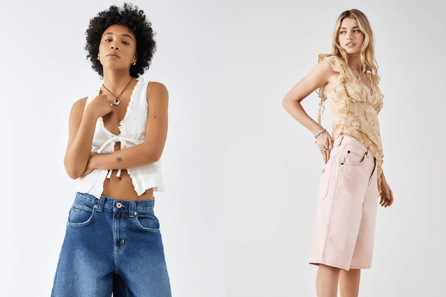 Longline blue wash jorts and 90s-style carpenter jorts in pink


