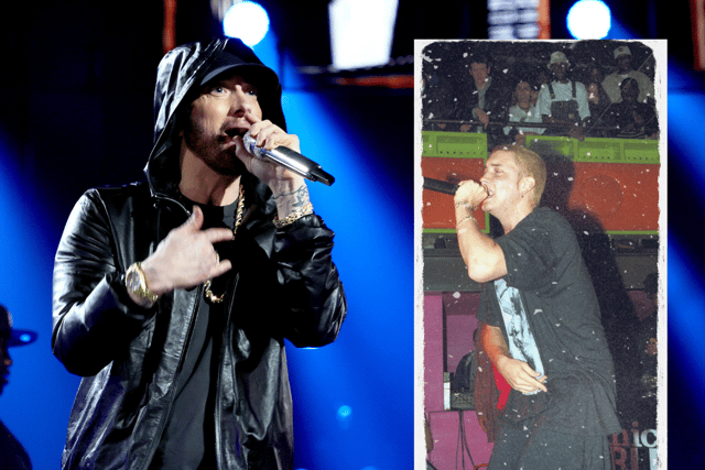 It's been 26 years since Eminem's first London show for "The Slim Shady LP." Now the rapper looks to kill off the personal after announcing the release date for "The Death of Slim Shady (Coup De Grace) (Credit: Getty Images/Subterania on X)