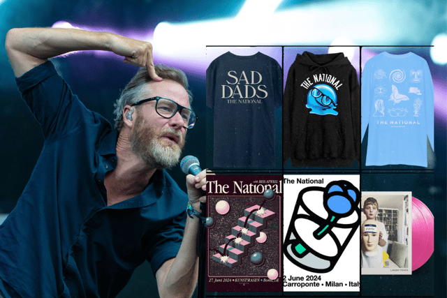 Some examples of what merchandise could be for sale during The National's UK tour - including the possibility of art prints akin to their other European shows (bottom row, left and centre) (Credit: Getty Images/The National)