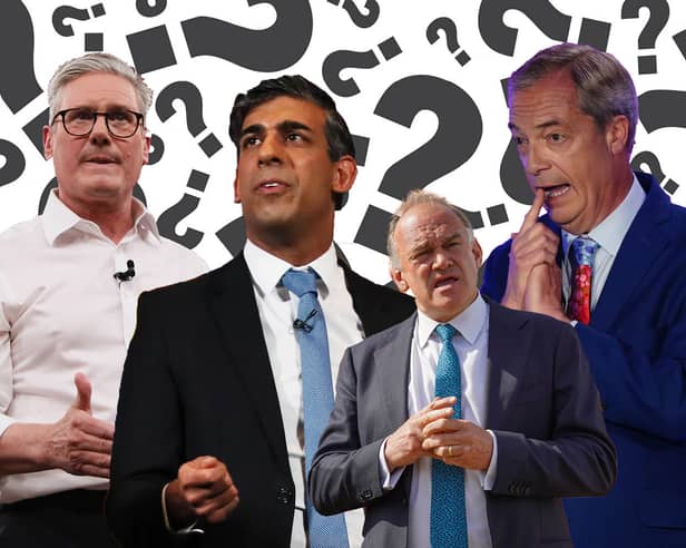 Keir Starmer, Rishi Sunak, Ed Davey and Nigel Farage. Credit: Kim Mogg/Getty