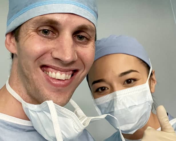 Stephen Bergin (L), 35, splits his time between operating on brains and consulting Grey's Anatomy's writers and actors.  