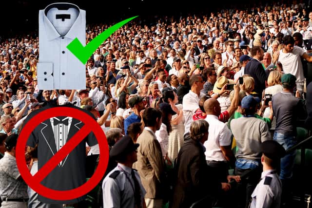 A smart button-up shirt for Wimbledon? Great. A stained "tuxedo" t-shirt though might not be up to Wimbledon's dress code - among some other "unwritten" rules on etiquette at SW19 (Credit: Canva/Getty)