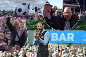 Crowd goes wild as Three Lions is played LIVE at Lytham Festival on the night of England FC's big win against Switzerland at Euro 2024. Credit: Dave Nelson Photography, inset: Lytham Festival, top: Luke Patrick