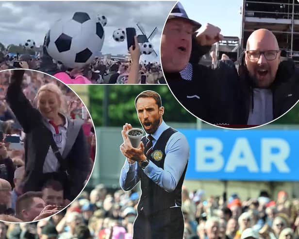 Crowd goes wild as Three Lions is played LIVE at Lytham Festival on the night of England FC's big win against Switzerland at Euro 2024. Credit: Dave Nelson Photography, inset: Lytham Festival, top: Luke Patrick