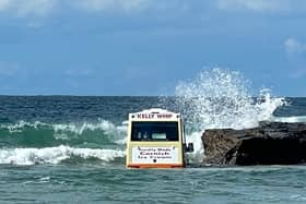 An ice cream van that has been washed out to sea, Harlyn Bay beach, North Cornwall. Images were captured of the incident at around 4pm by holidaymaker Abi Fisk, who runs Vintage Mary store. 