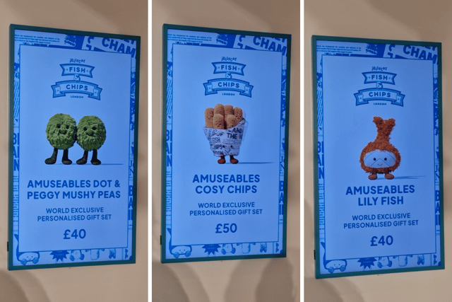 Full prices for Jellycat’s new fish and chip themed plushies available in London pop up.