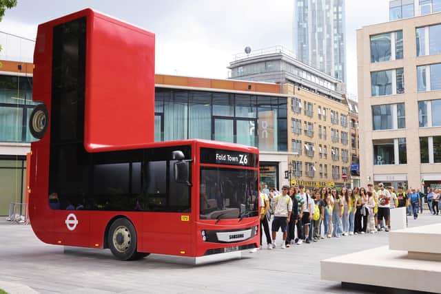 A folded London bus is unveiled at Bishops Square