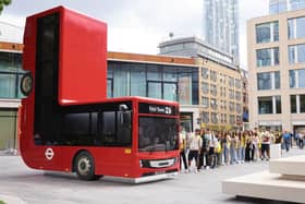 A folded London bus is unveiled at Bishops Square