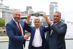 Sadiq Khan pictures with Paul “Triple H” Levesque and Nick Khan
