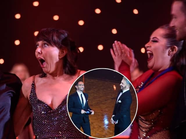 Contestants from Dance Floor Heroes, and inset: Ian Waite and Vincent Simone hosting the charity event at Blackpool Winter Gardens.