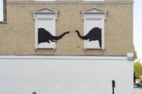 The new piece depicts two elephants poking their heads out of blocked out windows.
