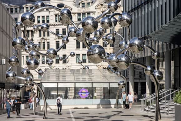 Infinite Accumulation is located outside the eastern entrance of the Elizabeth line at Liverpool Street station.