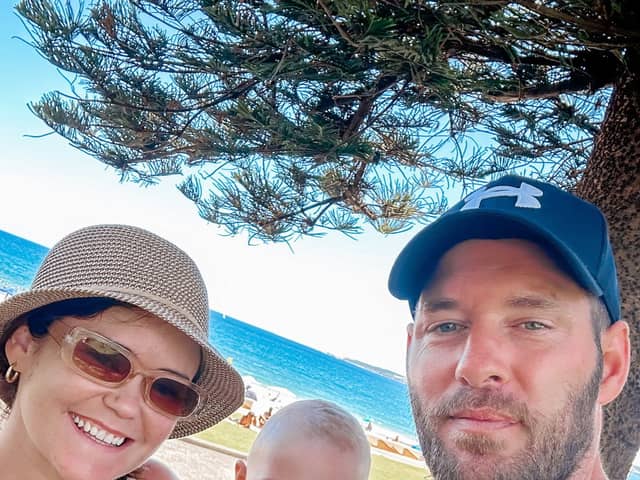 Colleen Deere, 35, and fiancé Tom McParland, 39, with their one-year-old son, Cove.