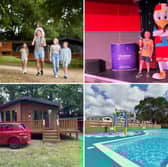 Clockwise from left: the woodland lodges at Landguard; Eddie on stage with Sid the Seagull; the outdoor pool; our lodge