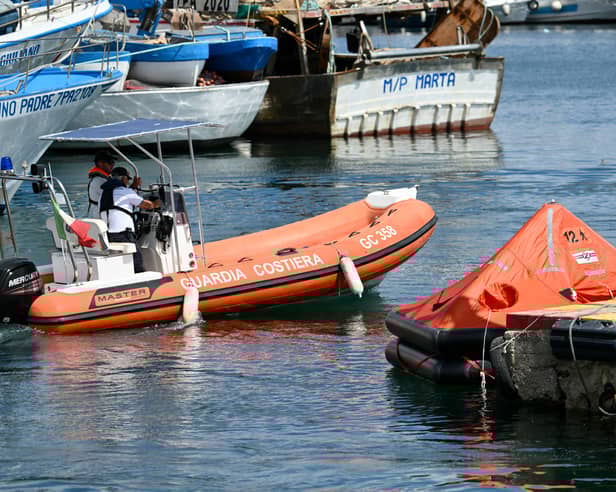 Guardia Costiera boat in Porticello near Palermo, where a superyacht has sunk after a 'violent storm'. Photo: ALBERTO PIZZOLI/AFP via Getty Images