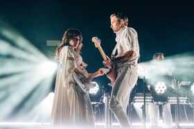 Ben Gibbard and Jenny Lewis from The Postal Service perform at All Points East Festival